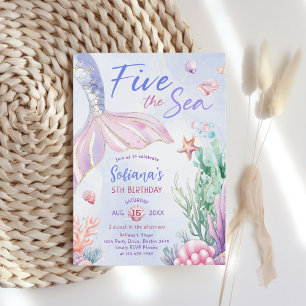 Invitación Sirena Morada 5to Cumpleaños Cinco el Mar