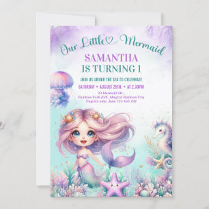 Invitación Sirena morada adorable cumpleaños niña 1 año acuar