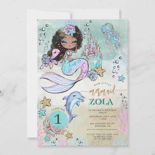 Invitación Sirena negra editable bajo el mar (Anverso)