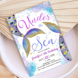 Invitación Sirena niña cumpleaños 9 bajo el mar