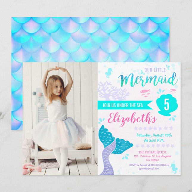 Invitación Sirena o bajo el mar Aqua Foto de cumpleaños Verde (Anverso / Reverso)
