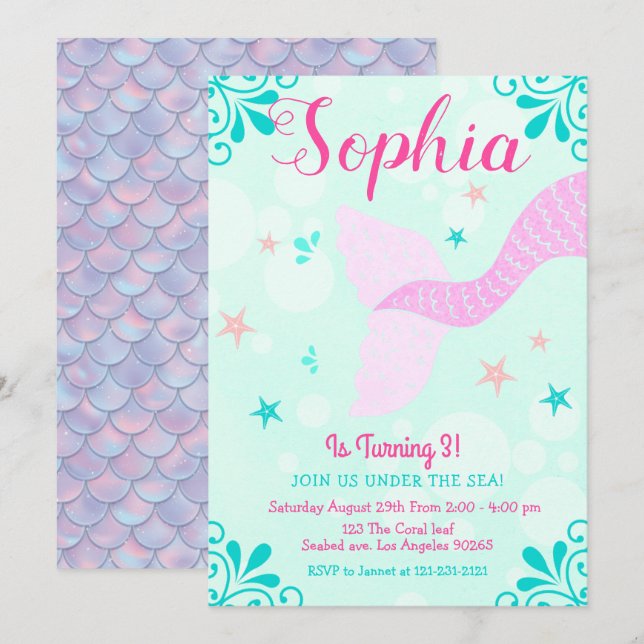 Invitación Sirena o bajo el mar Aqua Verde azulado cumpleaños (Anverso / Reverso)