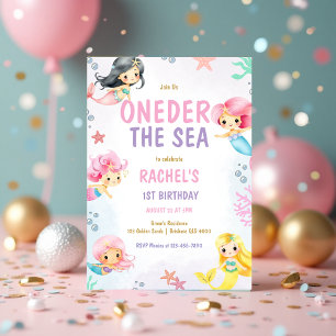Invitación Sirena Oneder el Mar Pastel Primer Cumpleaños