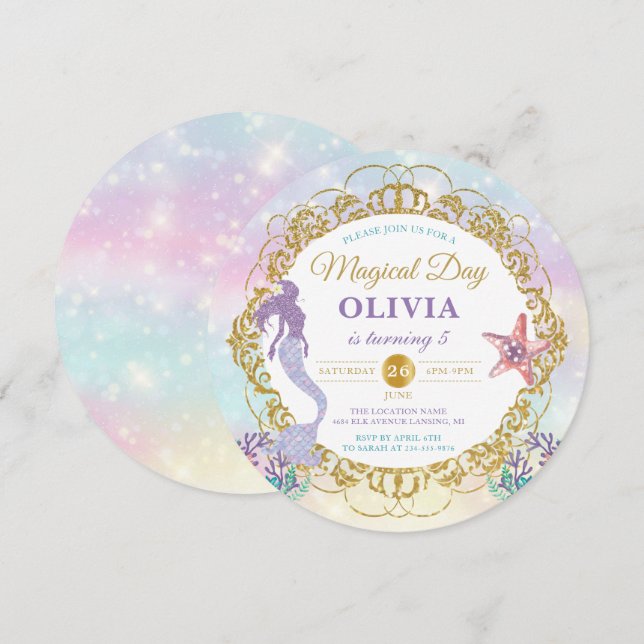 Invitación Sirena Pastel Arcoiris Bajo El Mar Cumpleaños (Anverso / Reverso)