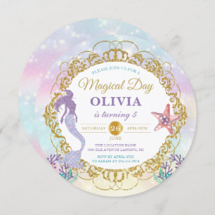 Invitación Sirena Pastel Arcoiris Bajo El Mar Cumpleaños