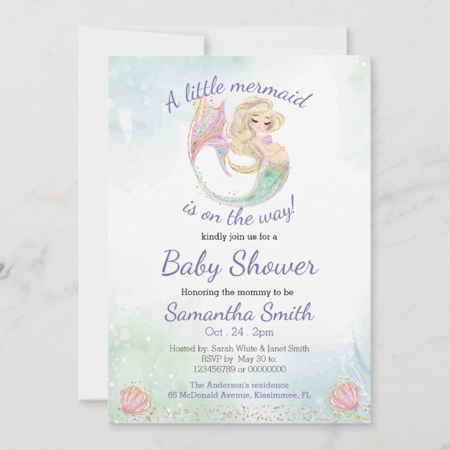 Invitación Sirena pequeña de Baby Shower (Anverso)