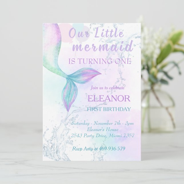 Invitación Sirena Primer Cumpleaños Fiesta De Sirena De Mar (Anverso de pie)