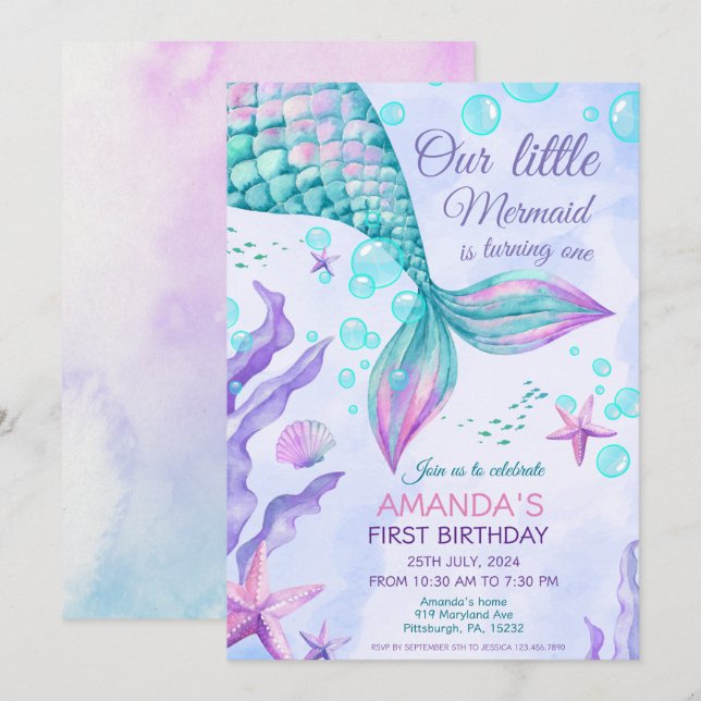 Invitación Sirena Primer Cumpleaños Fiesta De Sirena De Mar (Anverso / Reverso)