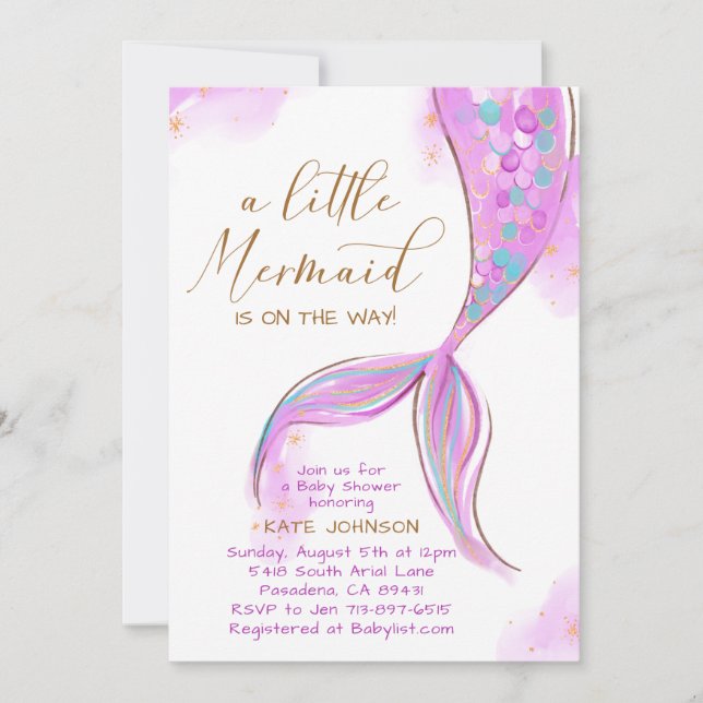 Invitación Sirena Púrpura Bajo El Océano Marítimo Baby Shower (Anverso)