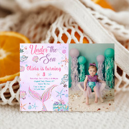 Invitación Sirena Púrpura Bajo La Foto De Cumpleaños Del Mar