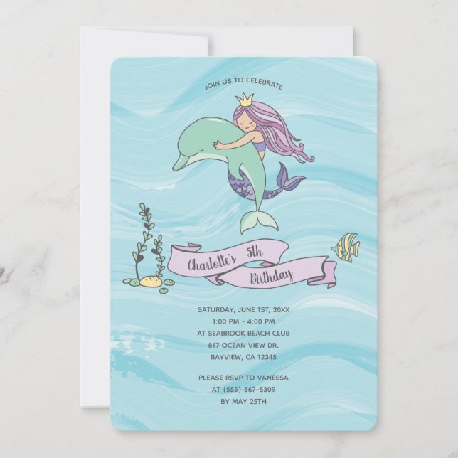 Invitación Sirena púrpura de piel justa con cumpleaños de del (Anverso)
