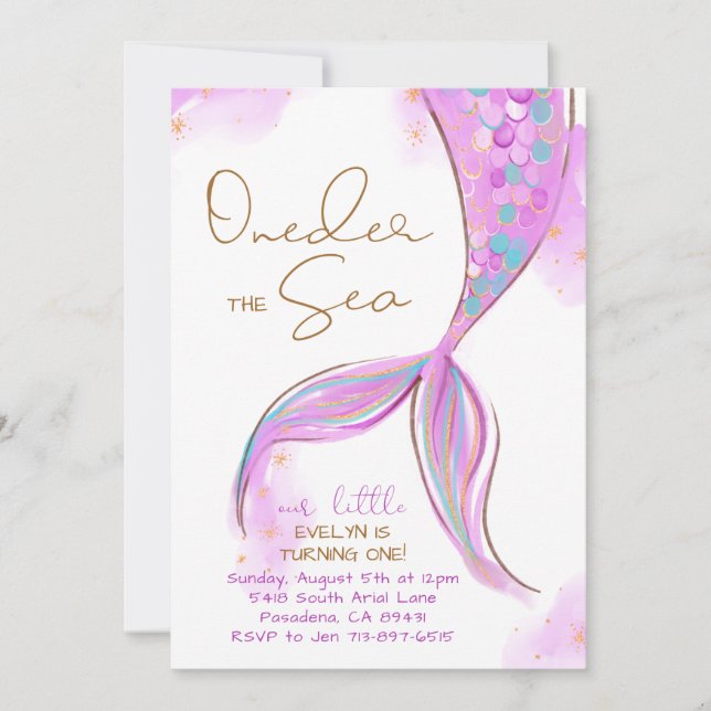 Invitación Sirena Púrpura Primera Fiesta de cumpleaños ONE de (Anverso)