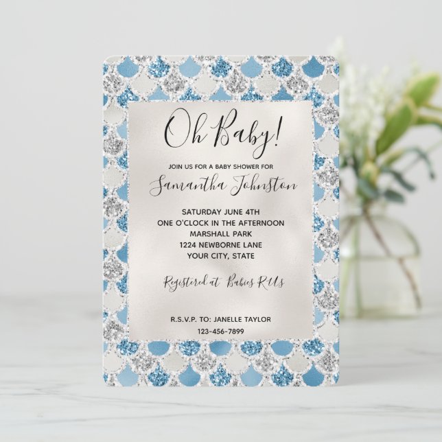 Invitación Sirena Purpurina de perla turquesa plateada (Anverso de pie)