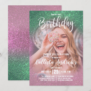 Invitación Sirena Rosa Triple Brillo Ombre Foto Cumpleaños