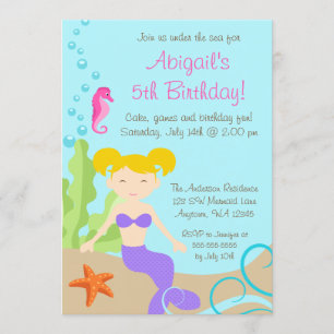 Invitación Sirena rubia púrpura bajo cumpleaños del mar