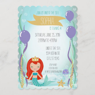 Invitación Sirena submarina azul Princesa Fiesta Luz roja