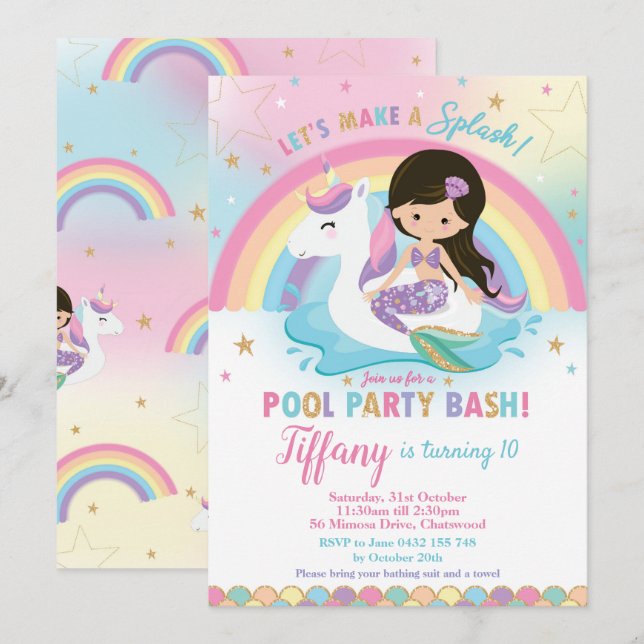 Invitación Sirena Unicornio Fiesta de Piscina Cumpleaños Cabe (Anverso / Reverso)
