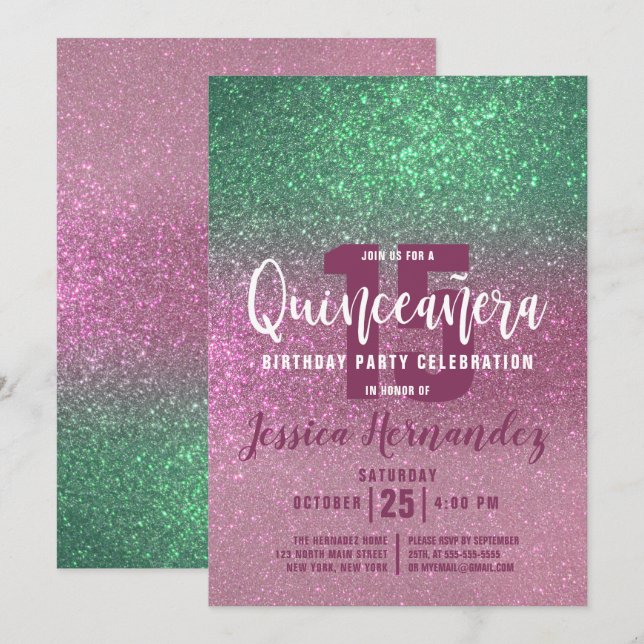 Invitación Sirena Verde Rosa Triple Brillo Quinceañera (Anverso / Reverso)