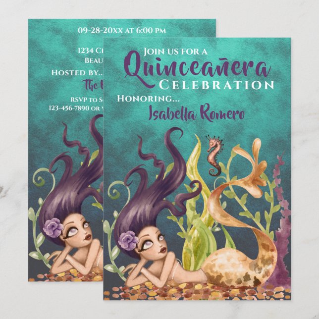 Invitación Sirena y caballito de mar bajo el mar Quinceañera (Anverso / Reverso)