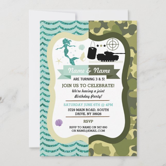 Invitación Sirena y Chica  cumpleaños Fiesta compartida (Anverso)
