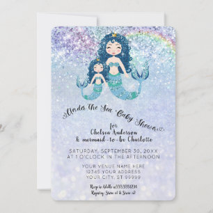Invitación Sirenas de Purpurina azul bajo el mar niña bebé