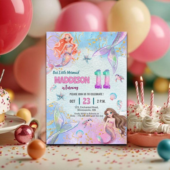 Invitación Sirenas de Purpurina Rosa Violeta Cumpleaños 11 (Subido por el creador)
