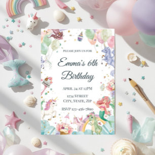 Invitación Sirenas Mágicas Unicornios Arcoíris Cumpleaños Inf
