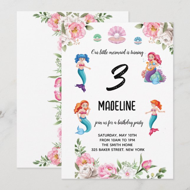 Invitación Sirenas para el cumpleaños de las niñas pequeñas (Anverso / Reverso)