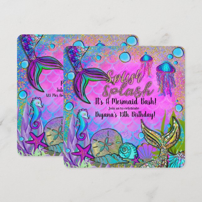 Invitación Sirenas y conchas marinas Fiesta de cumpleaños baj (Anverso / Reverso)