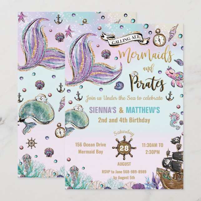 Invitación Sirenas y gemelos piratas Cumpleaños bajo el mar (Anverso / Reverso)
