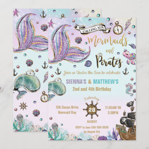Invitación Sirenas y piratas gemelos cumpleaños bajo el mar