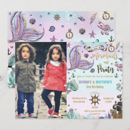 Invitación Sirenas y piratas Twins foto de cumpleaños del océ