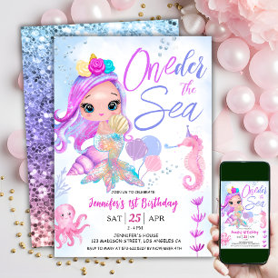 Invitación Sirenita 1 cumpleaños 100 con sirena marina