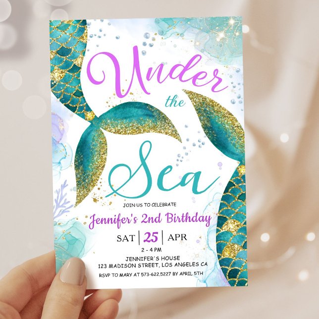 Invitación Sirenita 2.º Chica de cumpleaños Verde azulado ros (Subido por el creador)