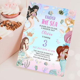 Invitación Sirenita 3 cumpleaños bajo el Fiesta del mar