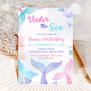 Invitación Sirenita 3 cumpleaños bajo el Fiesta del mar