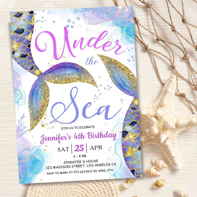 Invitación Sirenita 4.º Chica de cumpleaños Oro rosado bajo e (Subido por el creador)