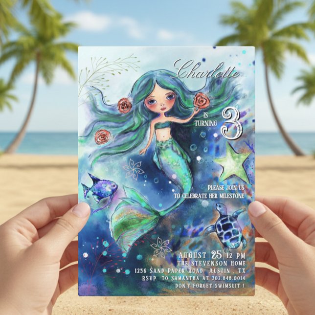 Invitación Sirenita acuarela mágica bajo el cumpleaños del ma (Magical Watercolor Mermaid Under the Sea Birthday Invitation)
