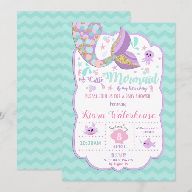 Invitación Sirenita Baby Shower invita a bebé Fiesta (Anverso / Reverso)