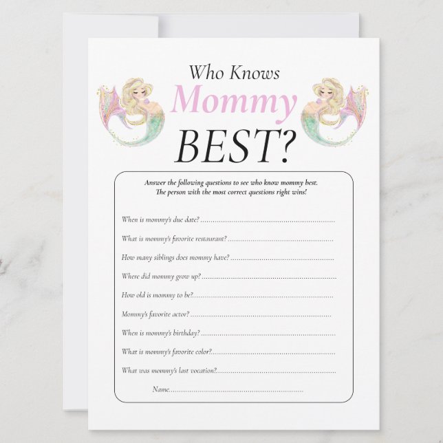 Invitación Sirenita Baby Shower. Quién sabe los puntos de pic (Anverso)