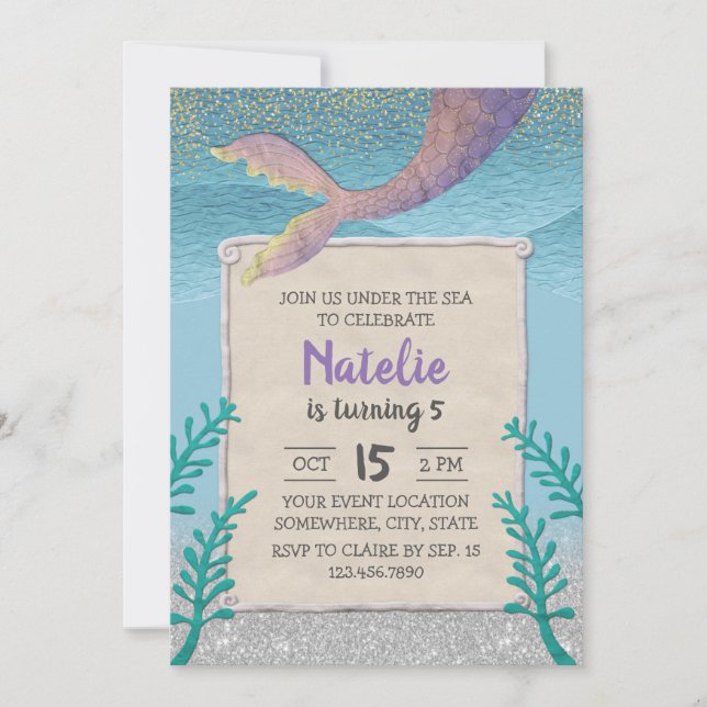Invitación Sirenita bajo el mar Chica 5ª fiesta de cumpleaños (Anverso)