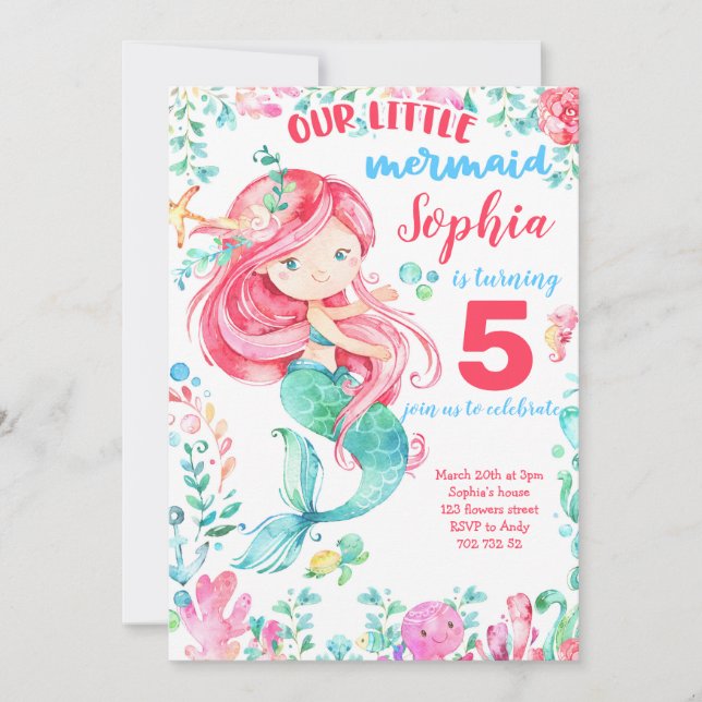Invitación Sirenita bajo el mar Chica Océano Cumpleaños de Ve (Anverso)