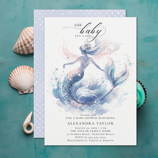 Invitación Sirenita Bajo El Mar Elegante Chica De Moda Baby S (under the sea mermaid girl baby shower invitation elegant watercolor modern classy chic)