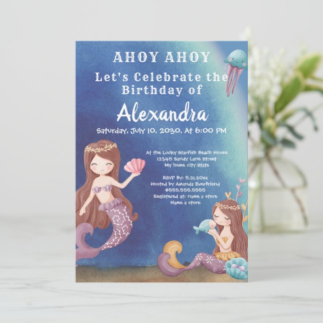 Invitación Sirenita Boho, fiesta de cumpleaños de Sea Boy (Anverso de pie)