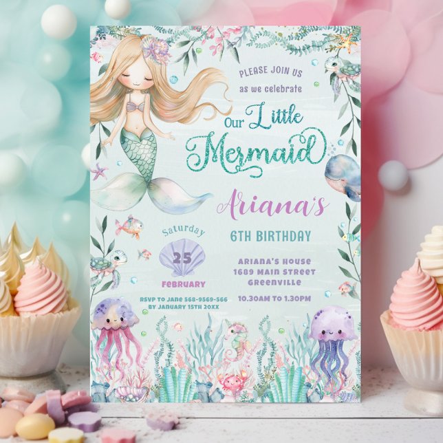 Invitación Sirenita caprichosa bajo la piscina de mar Cumplea (blonde mermaid under the sea cute ocean creatures pool birthday party invitation cards printed )