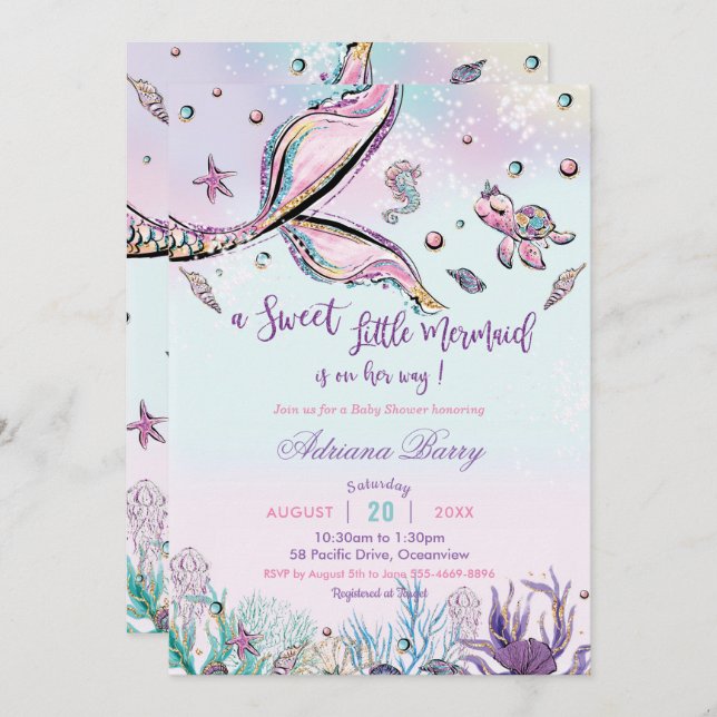 Invitación Sirenita cola Baby Shower bajo el mar niña bebé (Anverso / Reverso)