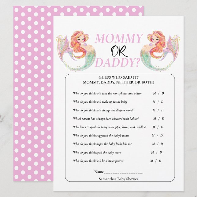 Invitación Sirenita de Baby Shower bajo el mar. Mamá o papá (Anverso / Reverso)