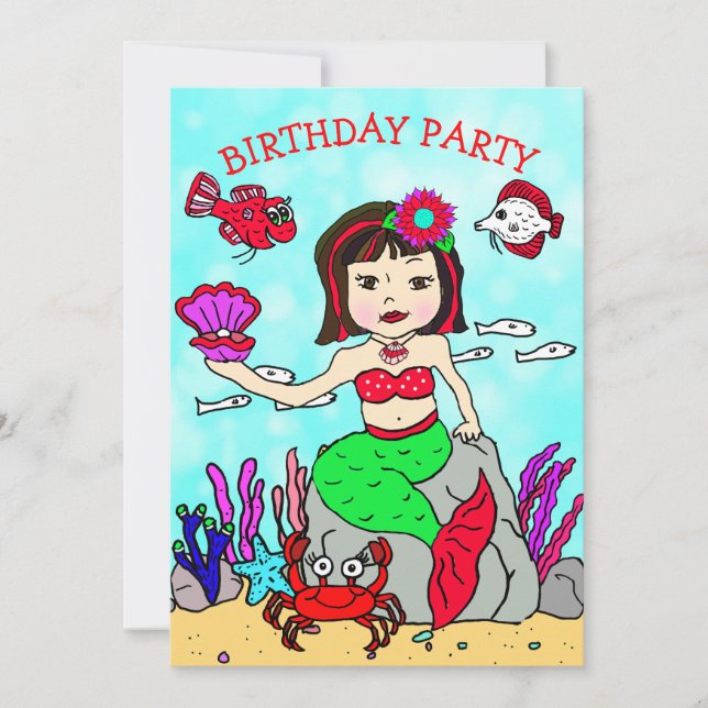 Invitación Sirenita de Haired negra bajo la fiesta de cumplea (Anverso)