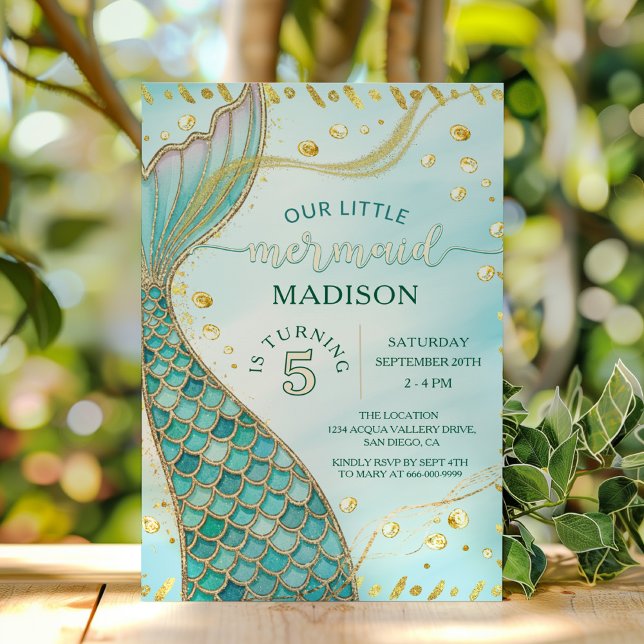Invitación Sirenita de oro bajo la fiesta de cumpleaños del C (Gold Mermaid Under the sea girl birthday party invitation)
