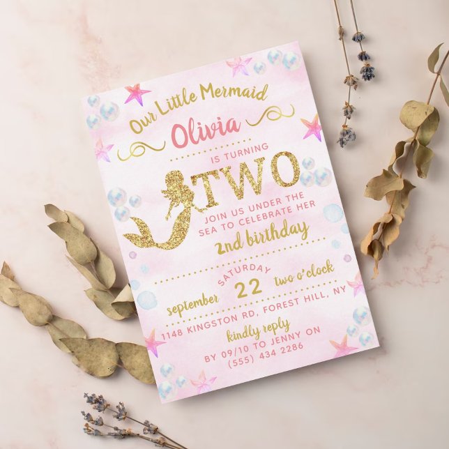 Invitación Sirenita de Purpurina Rosa y Oro Segundo Cumpleaño (Subido por el creador)